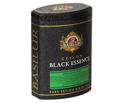 Bok puszki Basilur Black Essence Chocolate Mint – ekskluzywne opakowanie czarnej herbaty cejlońskiej.
