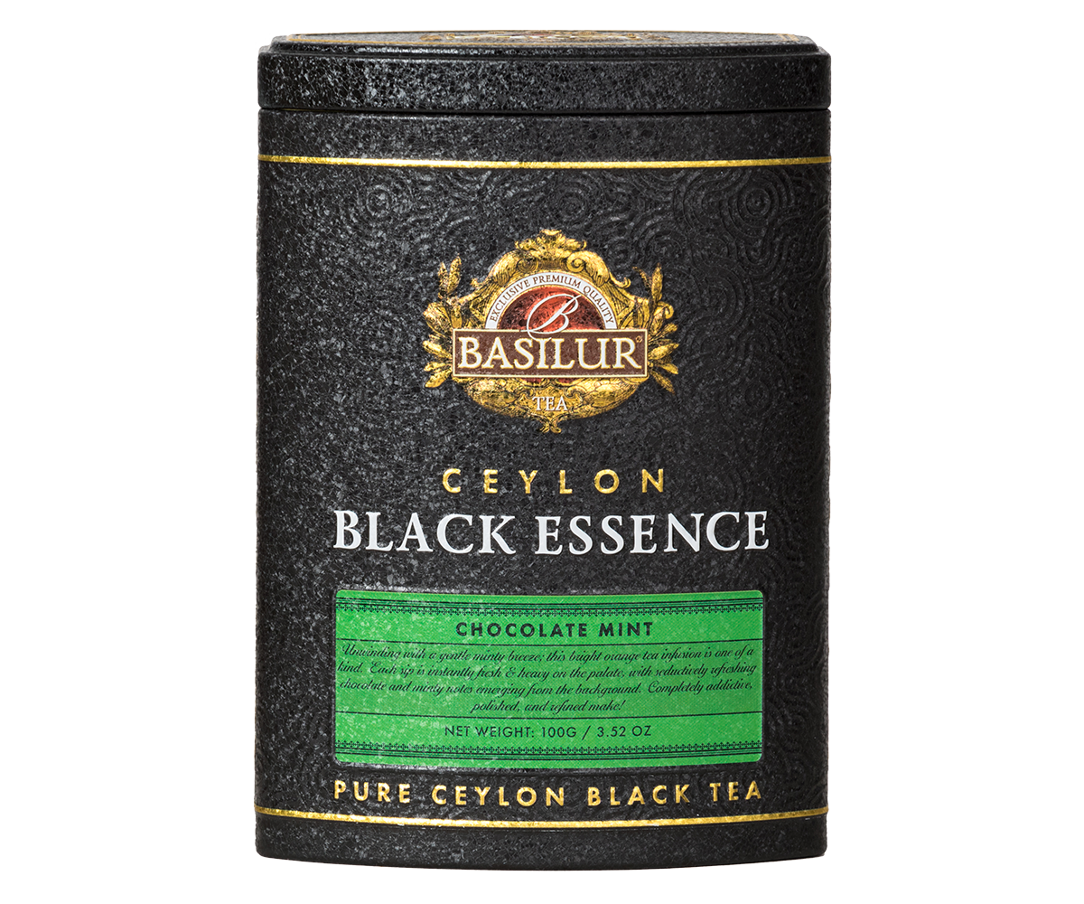 Elegancka czarna puszka Basilur Black Essence Chocolate Mint – herbata cejlońska o smaku czekolady i mięty.