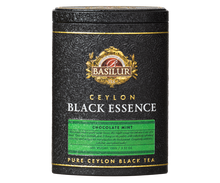 Elegancka czarna puszka Basilur Black Essence Chocolate Mint – herbata cejlońska o smaku czekolady i mięty.