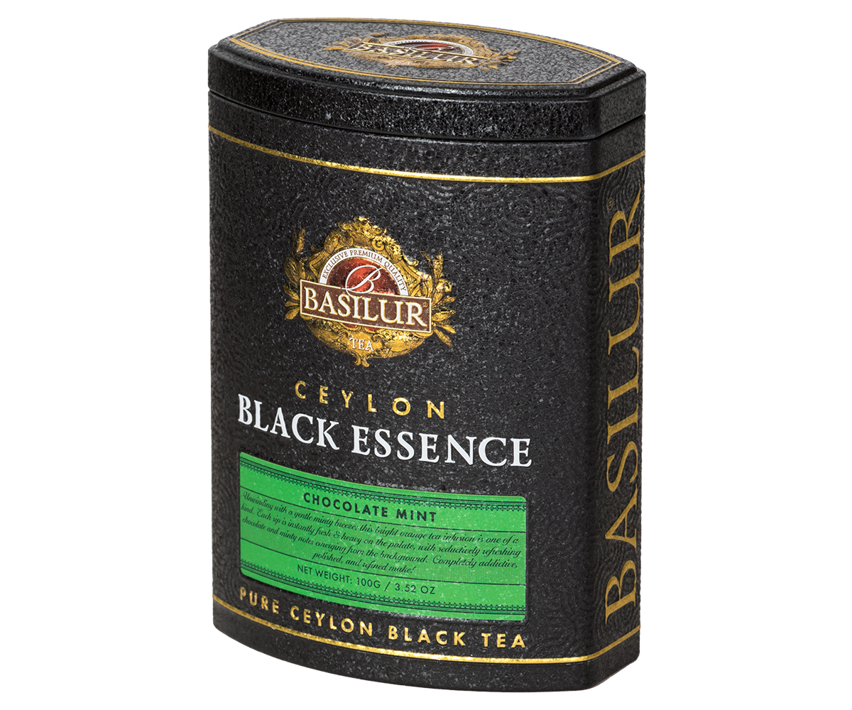 Puszka herbaty Basilur Black Essence Chocolate Mint widoczna z boku, herbata premium z Cejlonu.