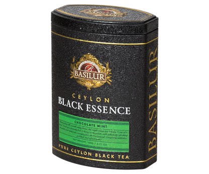 Puszka herbaty Basilur Black Essence Chocolate Mint widoczna z boku, herbata premium z Cejlonu.
