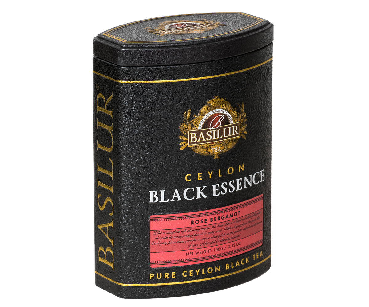 Herbata Basilur Black Essence Rose Bergamot widoczna z boku – aromatyczna herbata premium.