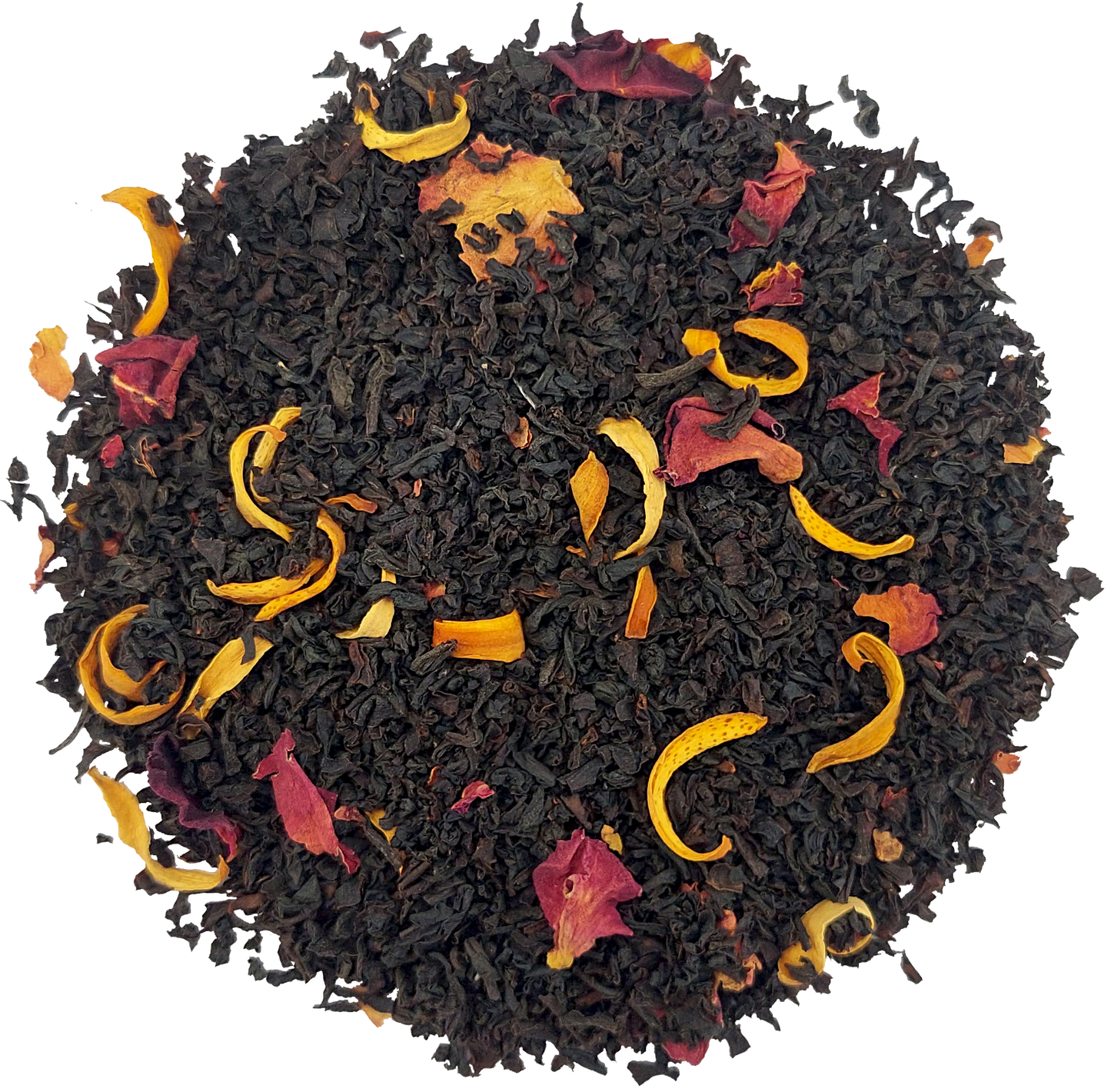 Suszone liście herbaty Basilur Rose Bergamot z płatkami róży i czarną herbatą cejlońską.