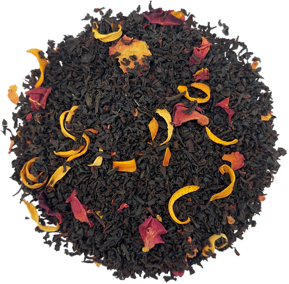 Suszone liście herbaty Basilur Rose Bergamot z płatkami róży i czarną herbatą cejlońską.