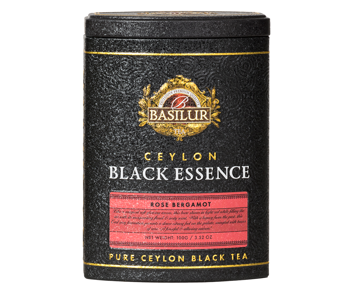 Elegancka puszka Basilur Black Essence Rose Bergamot – czarna herbata cejlońska z bergamotką i różą.