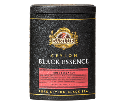 Elegancka puszka Basilur Black Essence Rose Bergamot – czarna herbata cejlońska z bergamotką i różą.