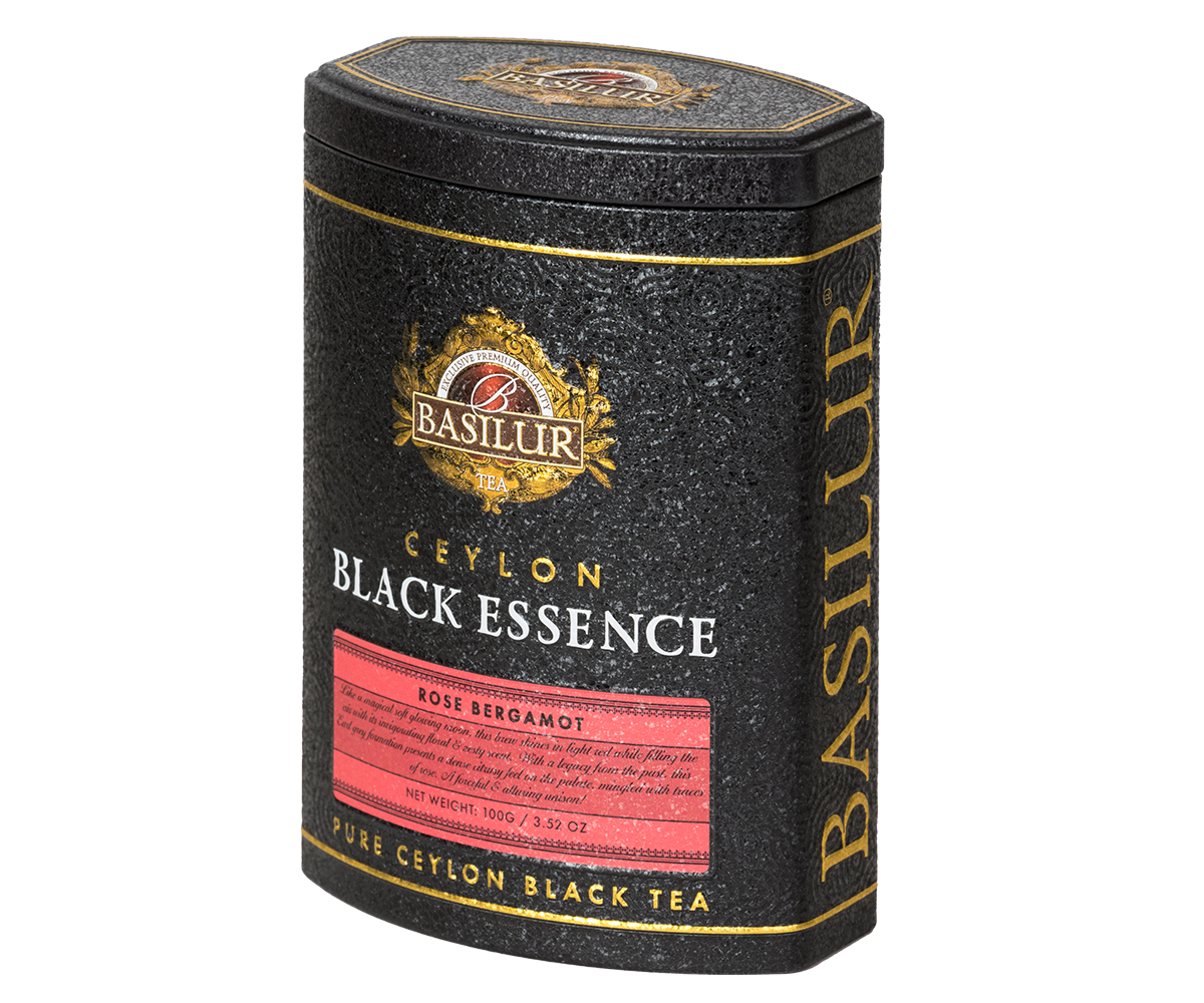 Bok puszki Basilur Black Essence Rose Bergamot – ekskluzywne opakowanie herbaty cejlońskiej.