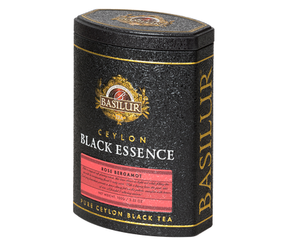 Bok puszki Basilur Black Essence Rose Bergamot – ekskluzywne opakowanie herbaty cejlońskiej.