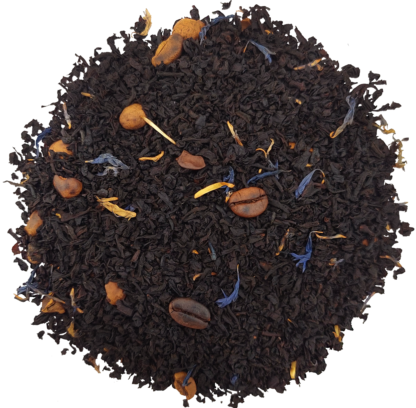 Zbliżenie na liście herbaty Basilur Black Essence z ziarnami kawy i płatkami kwiatów.