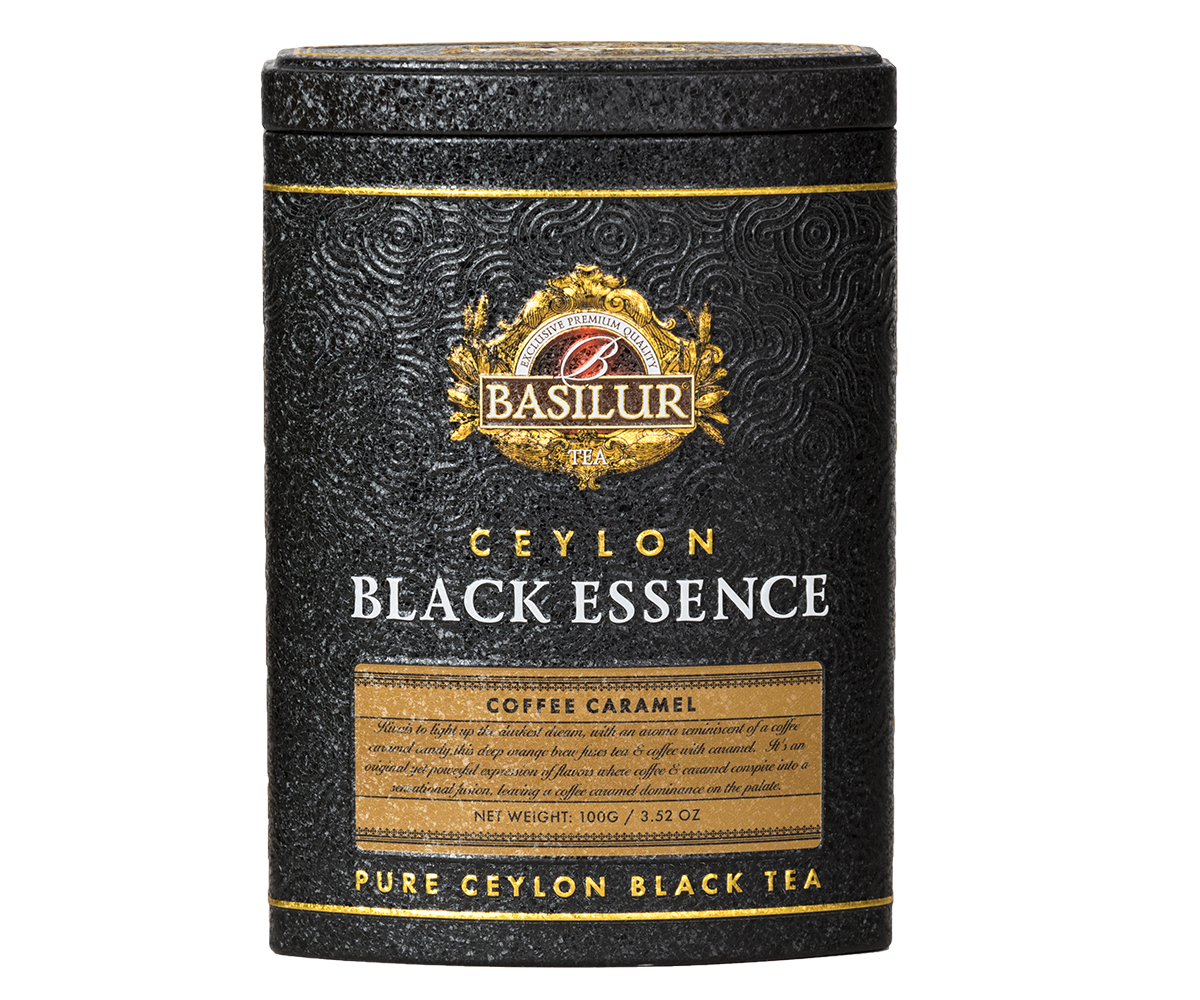 Czarna herbata Basilur Black Essence Coffee Caramel w eleganckiej czarno-złotej puszce.