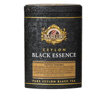 Czarna herbata Basilur Black Essence Coffee Caramel w eleganckiej czarno-złotej puszce.