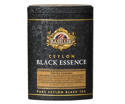 Czarna herbata Basilur Black Essence Coffee Caramel w eleganckiej czarno-złotej puszce.