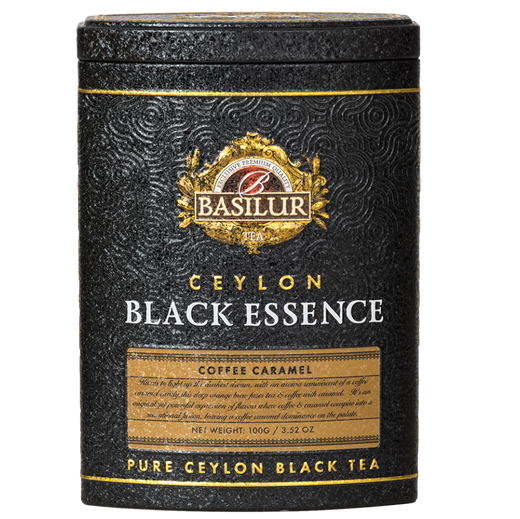 Czarna herbata Basilur Black Essence Coffee Caramel w eleganckiej czarno-złotej puszce.