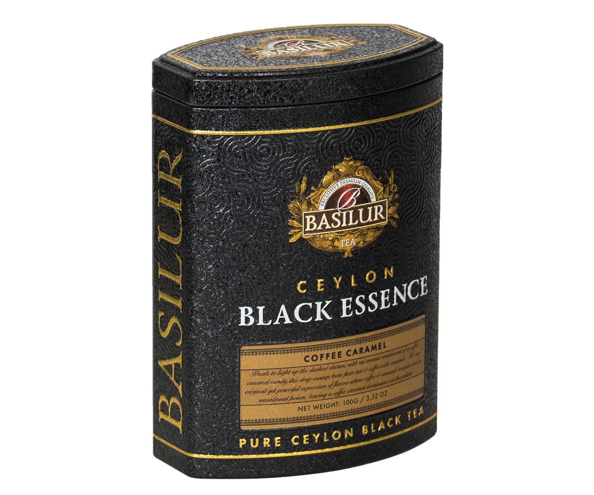 Herbata Basilur Black Essence Coffee Caramel widoczna z lewej perspektywy w ozdobnej puszce.