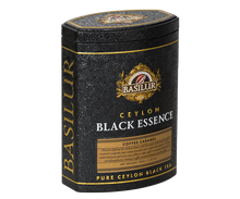 Herbata Basilur Black Essence Coffee Caramel widoczna z lewej perspektywy w ozdobnej puszce.