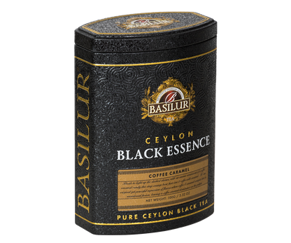 Herbata Basilur Black Essence Coffee Caramel widoczna z lewej perspektywy w ozdobnej puszce.