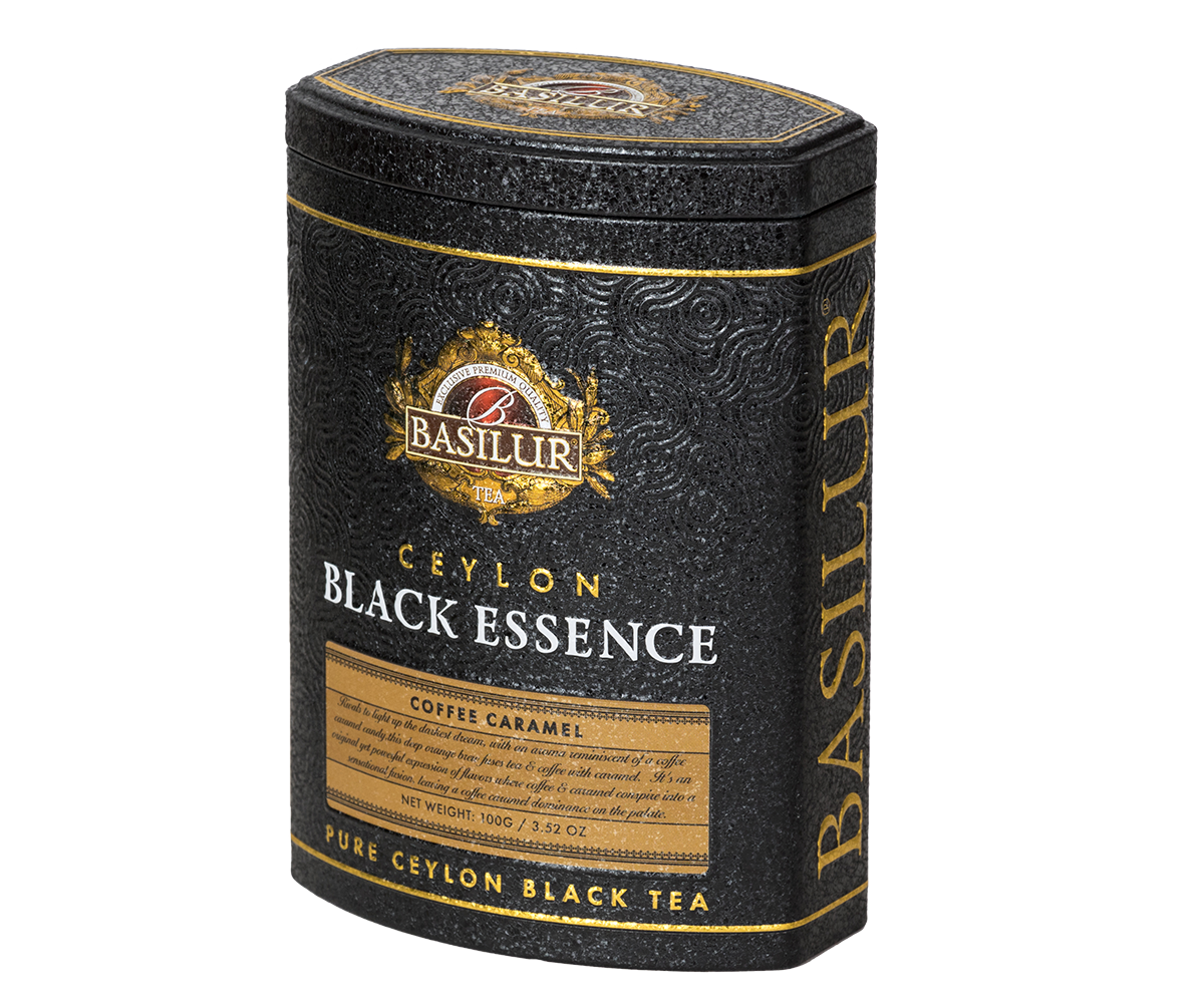 Herbata Basilur Black Essence Coffee Caramel widoczna z prawej strony, puszka z tłoczeniami i złotymi detalami.