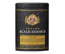 Czarna herbata Basilur Black Essence Citrus Zest w puszce z przodu, ekskluzywny design.