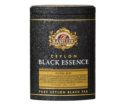 Czarna herbata Basilur Black Essence Citrus Zest w puszce z przodu, ekskluzywny design.