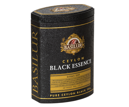 Herbata Basilur Citrus Zest widoczna z lewej strony w eleganckiej czarno-złotej puszce.