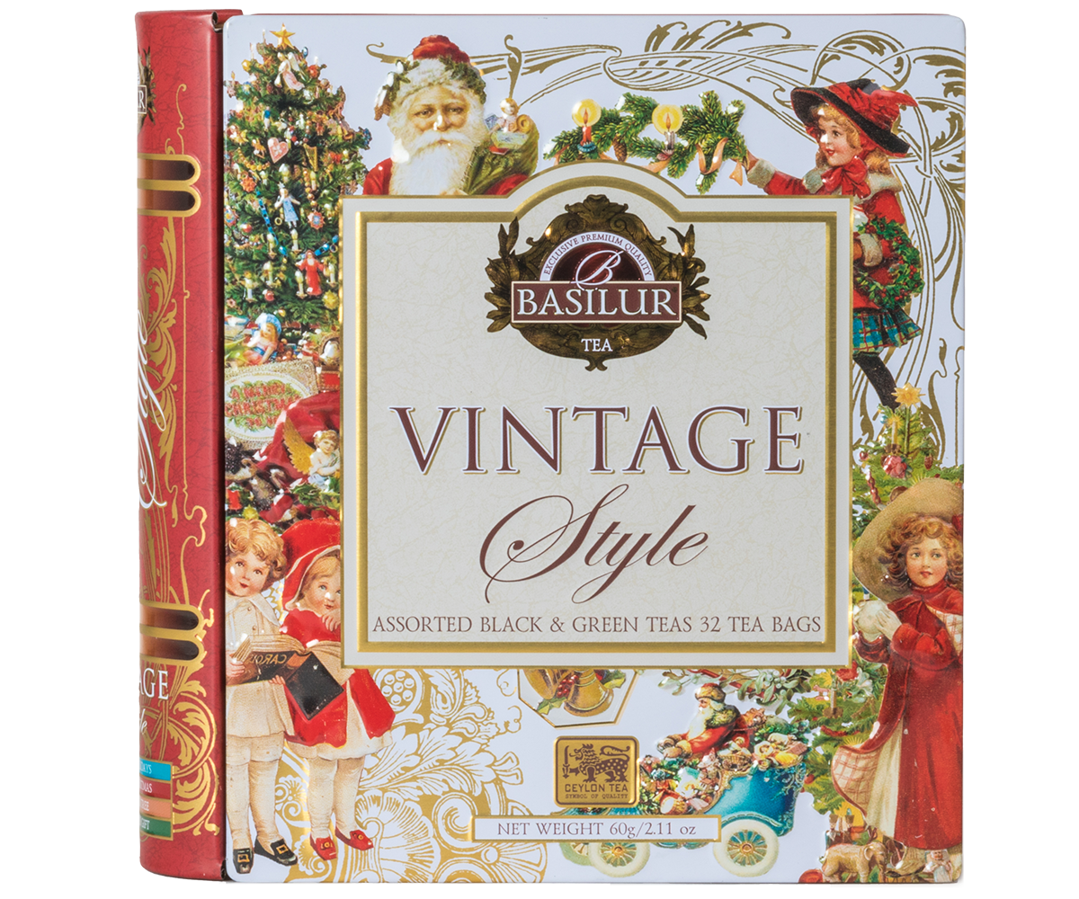 Zestaw herbat Basilur Vintage Style w opakowaniu książka ze świątecznymi ilustracjami.