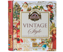 Zestaw herbat Basilur Vintage Style w opakowaniu książka ze świątecznymi ilustracjami.