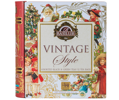 Zestaw herbat Basilur Vintage Style w opakowaniu książka ze świątecznymi ilustracjami.