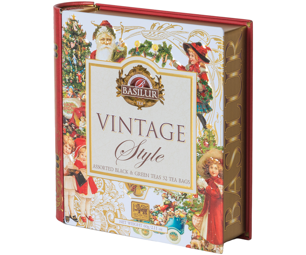 Herbata Basilur Vintage Style – zestaw czarnych i zielonych herbat w świątecznym stylu retro.