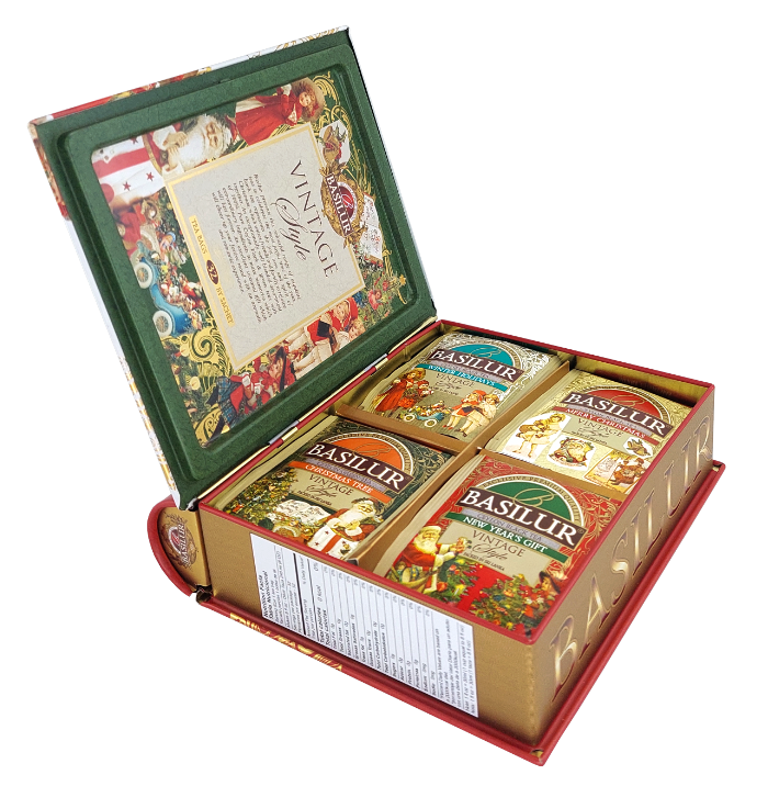 Otwarty zestaw Basilur Vintage Style z czterema rodzajami herbat w świątecznej oprawie.