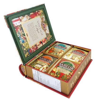Otwarty zestaw Basilur Vintage Style z czterema rodzajami herbat w świątecznej oprawie.