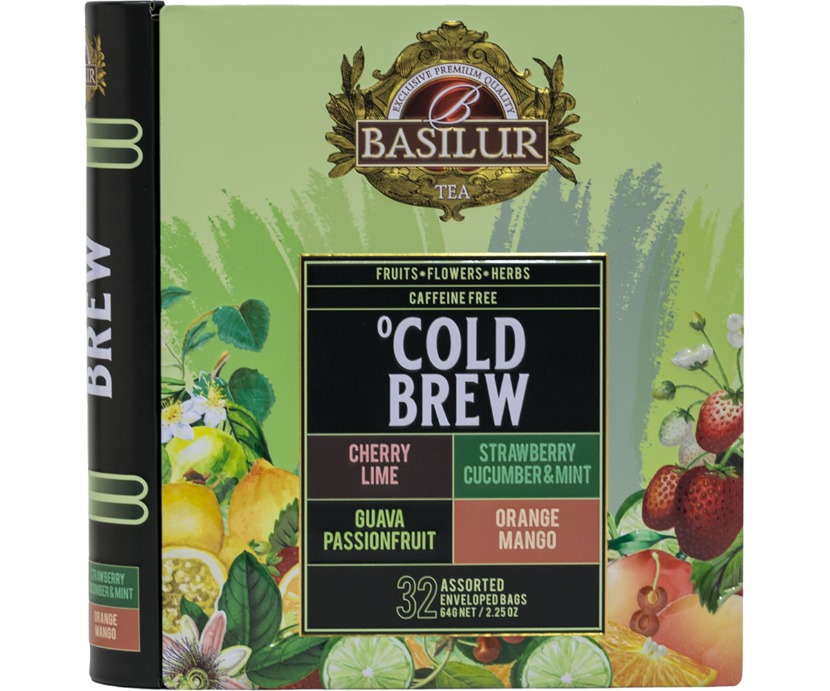 Zestaw herbat Basilur Cold Brew 32 torebki w zielonym opakowaniu z owocami i logo Basilur.