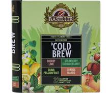 Zestaw herbat Basilur Cold Brew 32 torebki w zielonym opakowaniu z owocami i logo Basilur.