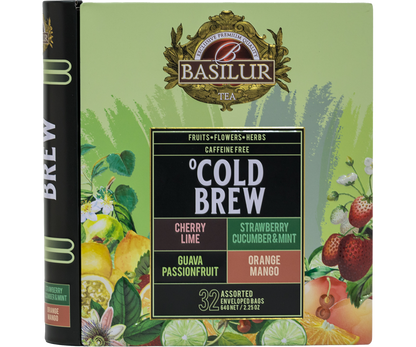 Zestaw herbat Basilur Cold Brew 32 torebki w zielonym opakowaniu z owocami i logo Basilur.