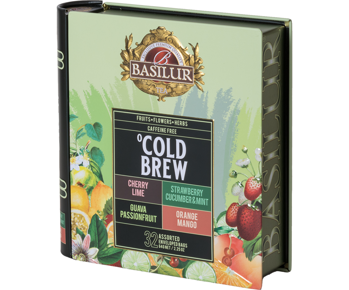 Pudełko herbat Basilur Cold Brew widok z boku z nadrukiem smaków Cherry Lime, Orange Mango, Guava Passionfruit i Strawberry Cucumber & Mint.