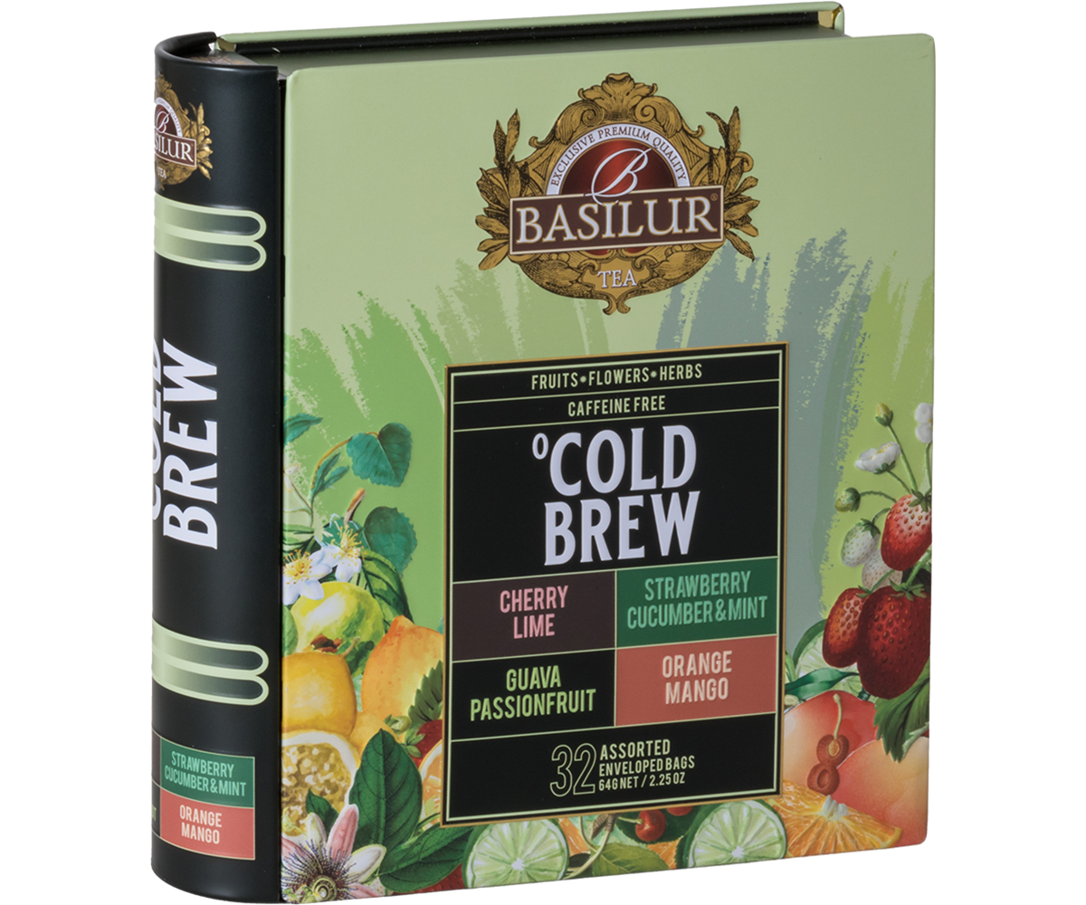 Herbata Basilur Cold Brew w eleganckiej metalowej puszce z kolorową grafiką owoców tropikalnych.