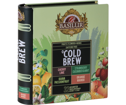 Herbata Basilur Cold Brew w eleganckiej metalowej puszce z kolorową grafiką owoców tropikalnych.