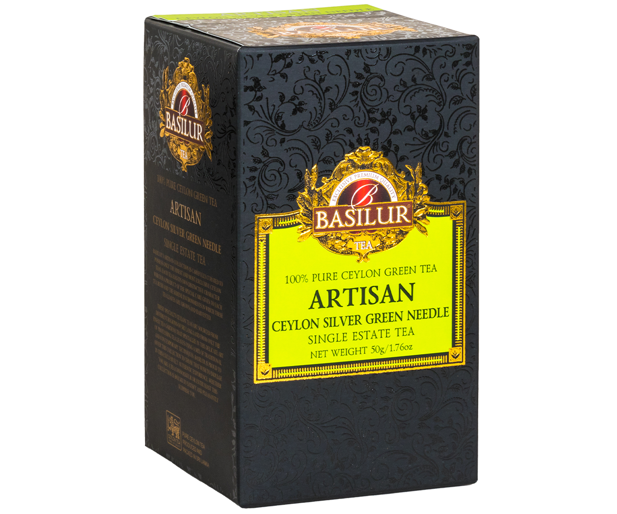 Herbata Basilur Ceylon Silver Green Needle – luksusowe pudełko z tłoczeniem i logo marki.