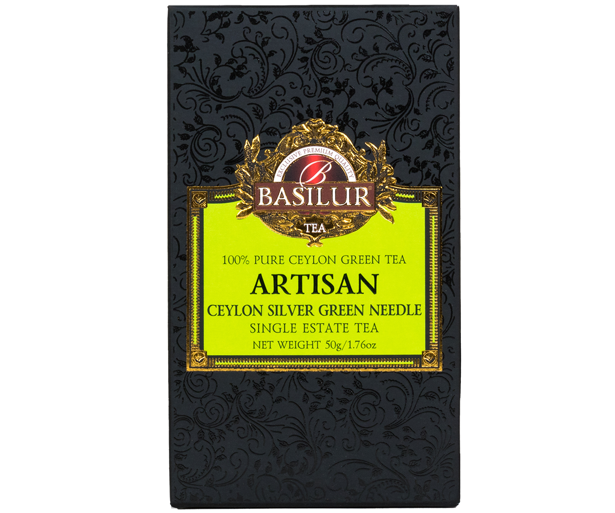Opakowanie herbaty Basilur Ceylon Silver Green Needle w eleganckim czarno-zielonym pudełku.