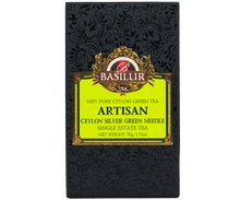 Opakowanie herbaty Basilur Ceylon Silver Green Needle w eleganckim czarno-zielonym pudełku.