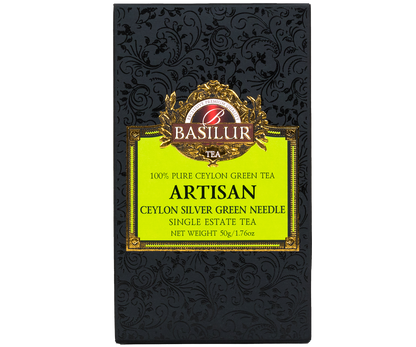 Opakowanie herbaty Basilur Ceylon Silver Green Needle w eleganckim czarno-zielonym pudełku.