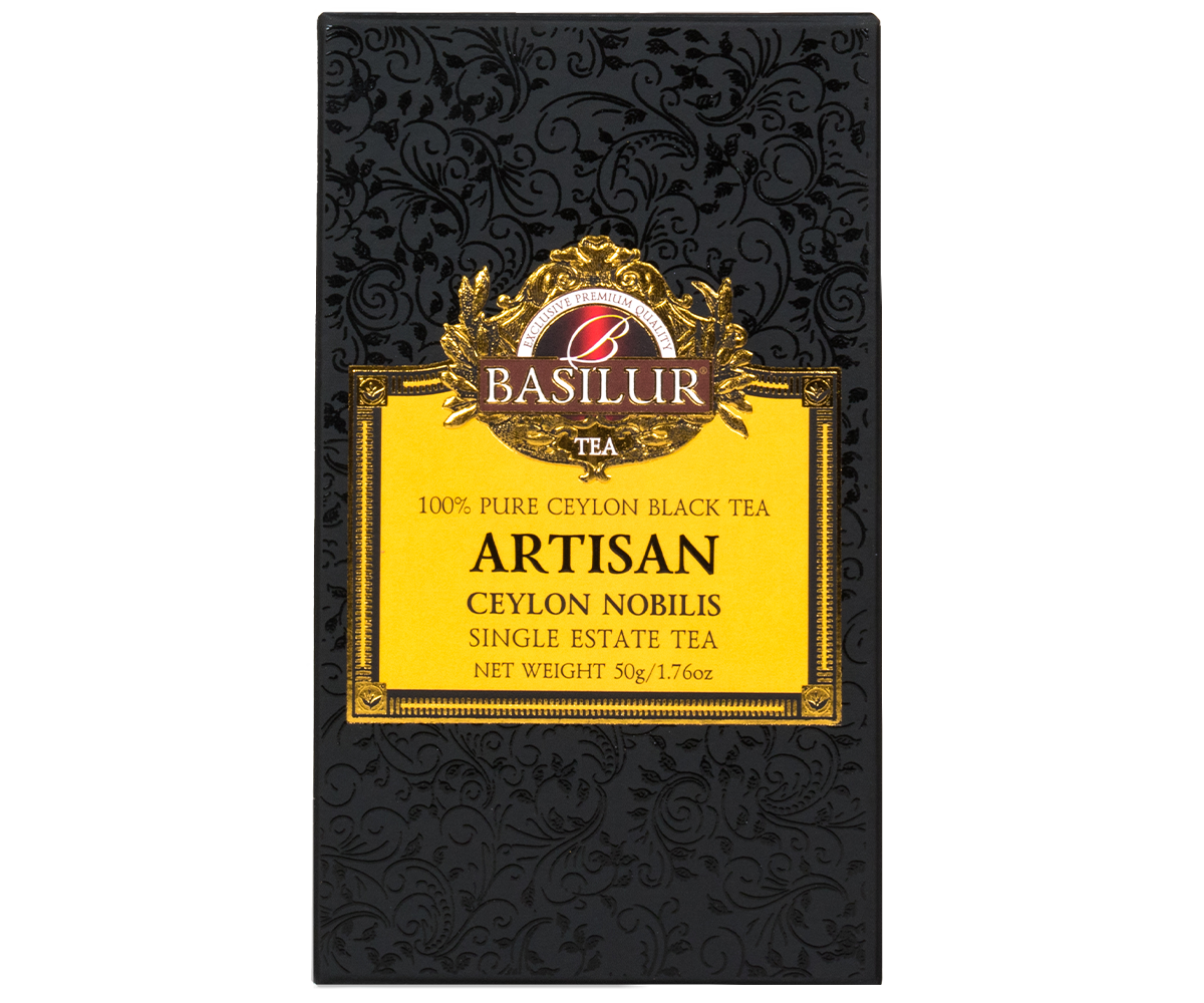 Elegancka czarno-złota puszka Basilur Ceylon Nobilis z kolekcji Artisan.