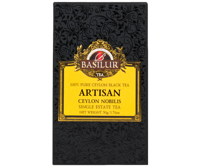 Elegancka czarno-złota puszka Basilur Ceylon Nobilis z kolekcji Artisan.