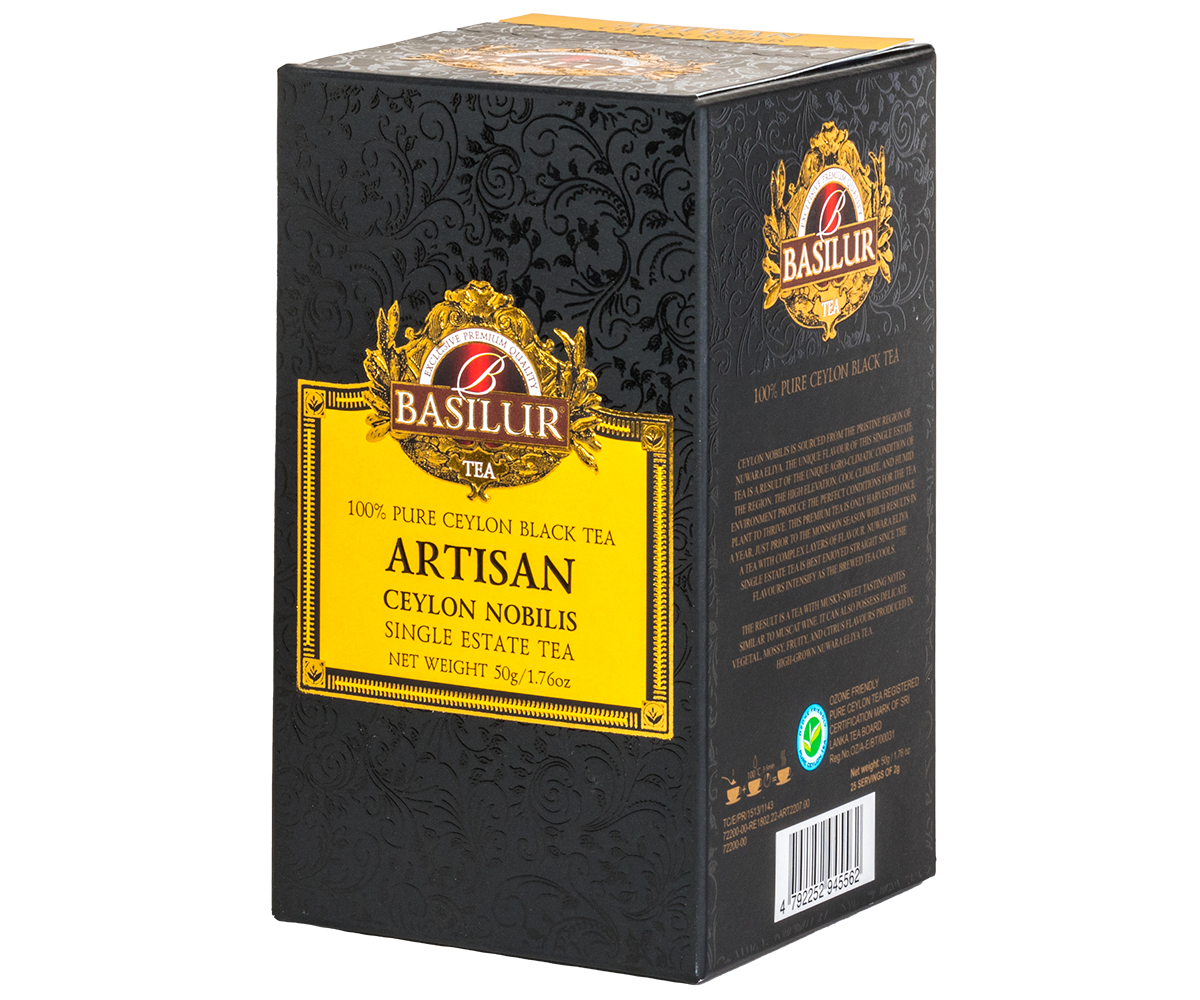 Zbliżenie suszu czarnej herbaty Basilur Ceylon Nobilis o bogatym aromacie i złocistych refleksach.