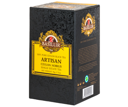 Zbliżenie suszu czarnej herbaty Basilur Ceylon Nobilis o bogatym aromacie i złocistych refleksach.