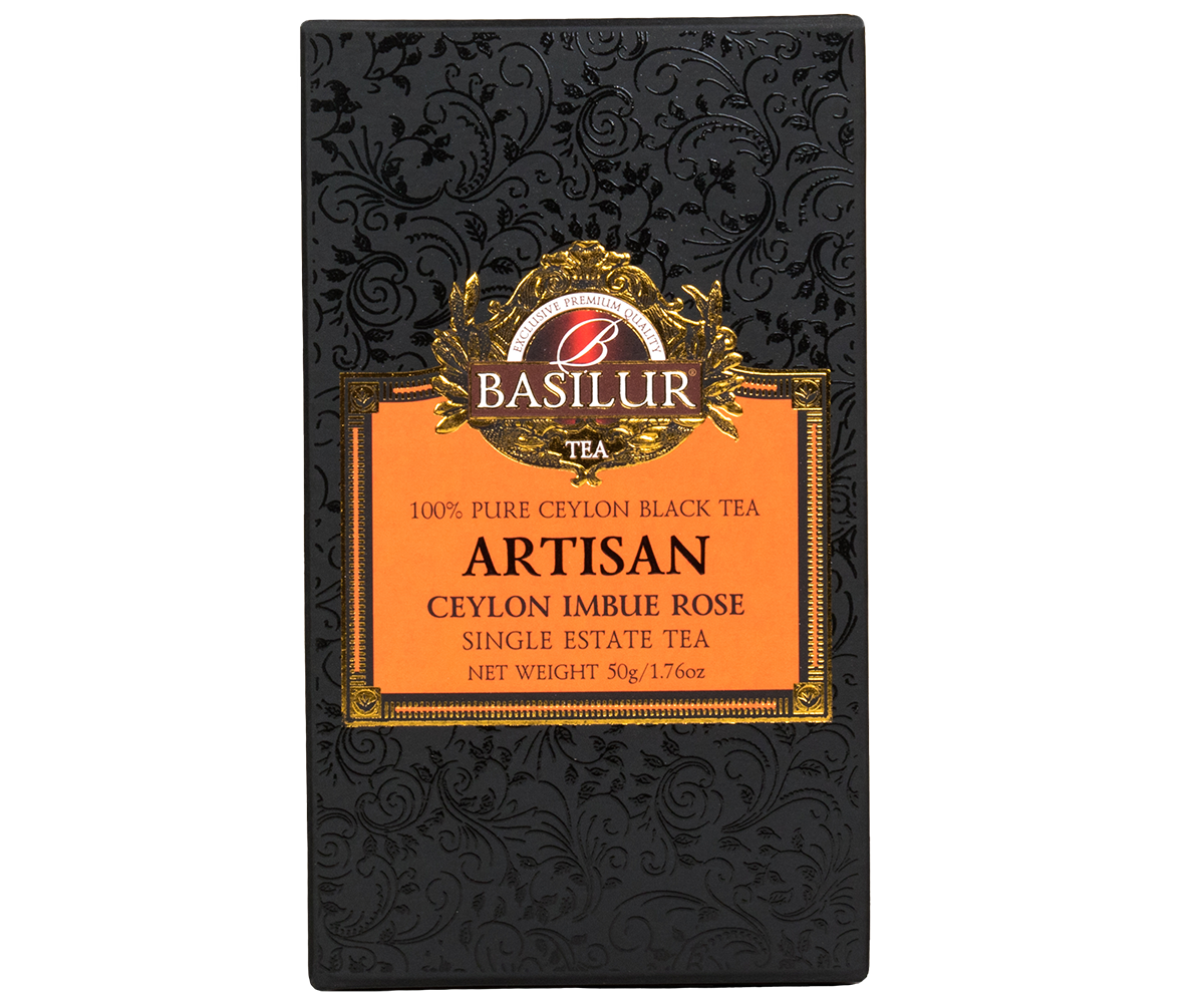 Przód pudełka Basilur Ceylon Imbue Rose w eleganckiej czarno-pomarańczowej szacie graficznej.