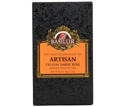 Przód pudełka Basilur Ceylon Imbue Rose w eleganckiej czarno-pomarańczowej szacie graficznej.