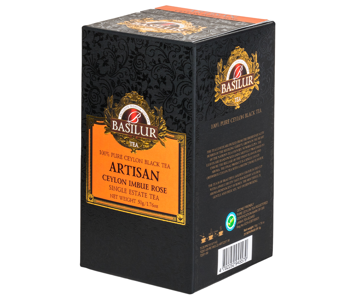 Herbata Basilur Ceylon Imbue Rose – widok z boku opakowania z detalami i złotym logo marki.