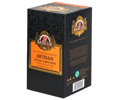 Herbata Basilur Ceylon Imbue Rose – widok z boku opakowania z detalami i złotym logo marki.