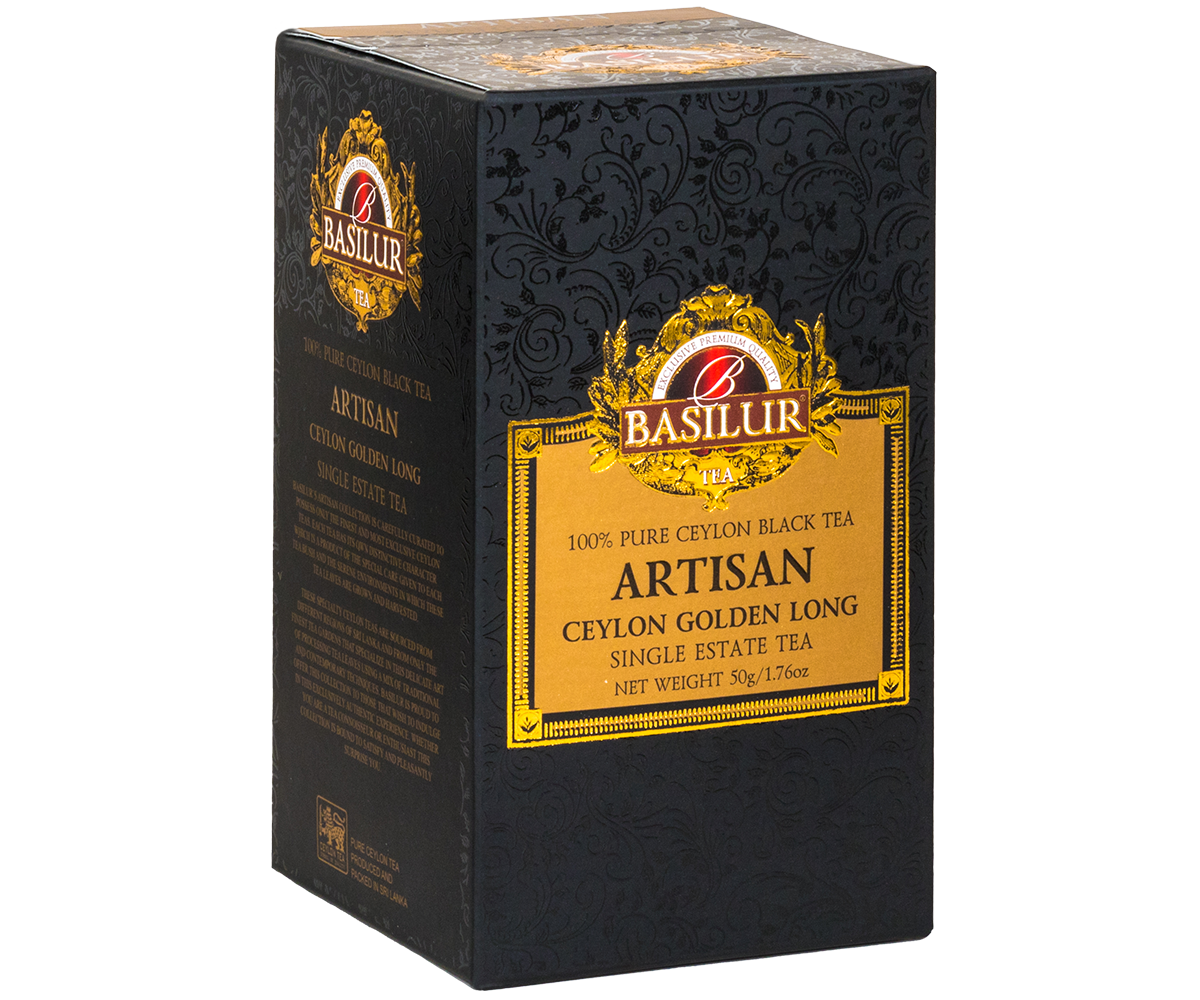 Opakowanie Basilur Ceylon Golden Long z kolekcji Artisan – czarna herbata cejlońska 50 g.