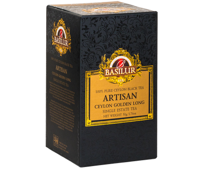 Opakowanie Basilur Ceylon Golden Long z kolekcji Artisan – czarna herbata cejlońska 50 g.